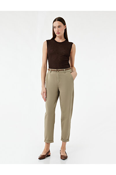 Koton Yüksek Bel Duble Paça Pamuklu Kemerli Chino Pantolon