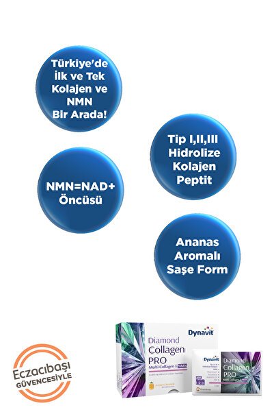 Dynavit Multi Collagen&NMN (NAD+ Öncüsü) 30 Saşe-Hidrolize Peptit Tip 1&3 Sığır ve Tip 2 Tavuk Kolajeni,NMN