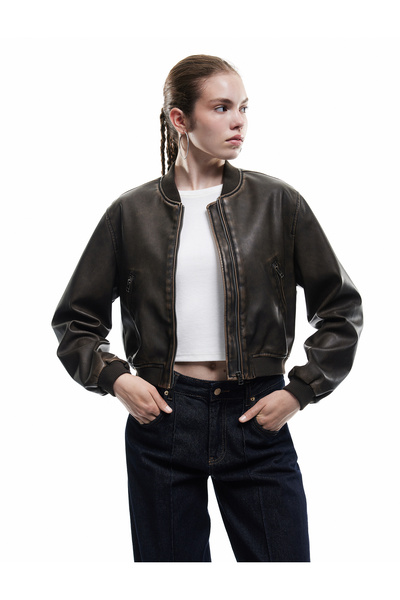 Koton Дългоръкава бомбър яке с цип и джобове от изкуствена кожа