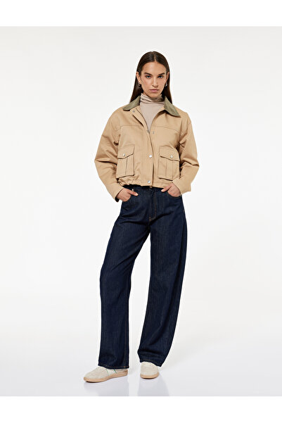 Koton Velvet Collar Pocket Detailed Zippered Snap Button Seasonal Jacket