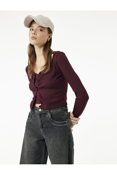 Koton Slim Fit Crew Neck Tank Top Detailed Lace Ribbed Long Sleeve T-Shirt