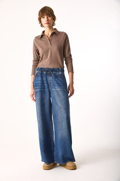 VENA Elastic Waist Wide Leg Dark Blue Jean Pants (Tm)-Dark Blue