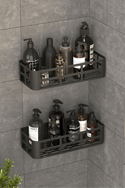 DEYHOME مجموعة من 2 رف دش لاصق أسود مع حامل صابون شامبو - بلاستيك مقاوم للماء