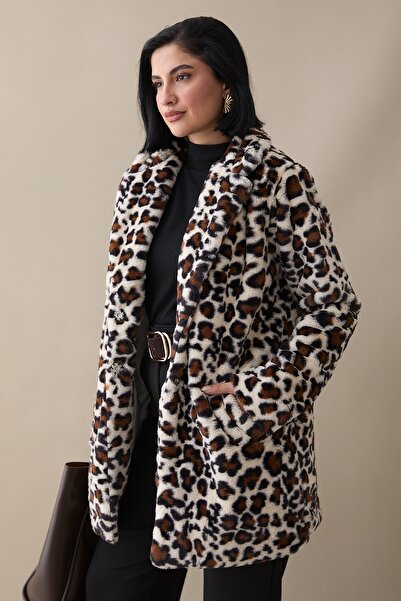 InStyle Desenli İçi Astarlı Peluş Mont - Ekru