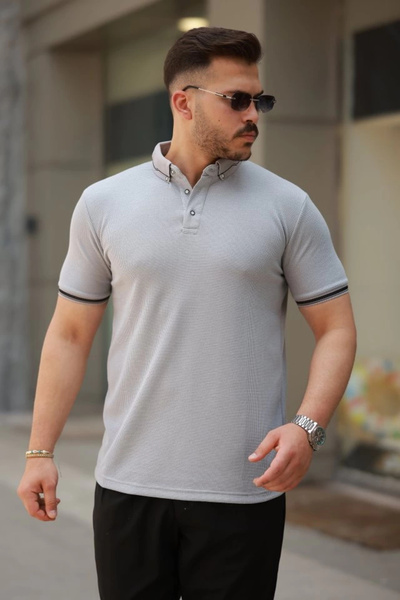 Asil Acar Home Men's Button Collar Waffle Fabric Short Sleeve T-Shirt