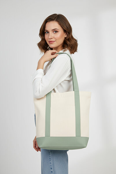 yibucraft Kanvas Bez Çanta Mint Yeşili Körüklü Omuz Çantası 320 gr Ön Cepli 1...