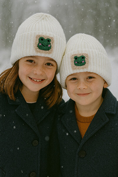 byebruketenci Beretă pentru copii din lână albă crem, cu figurină broască și ...