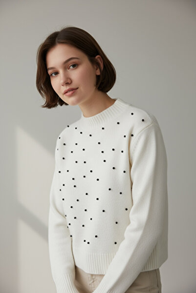 NEWCO Perle STONE Detaliat Tricotat Model de tricotaj casual Pulover Gâtul rotund Potrivire confortabilă Model șic de zi cu zi