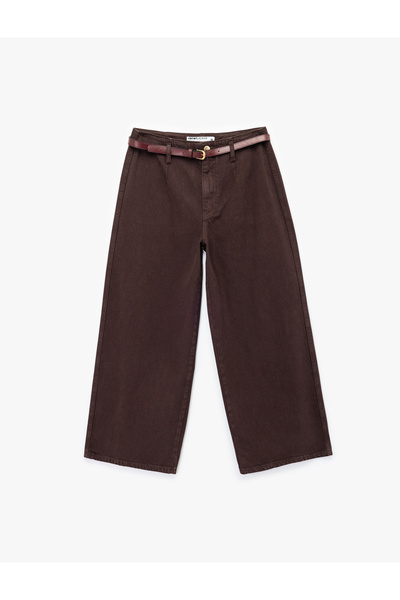 Koton Pamuklu Geniş Paça Kemerli Crop Pantolon - Wide Leg Jeans