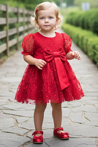 Parla Kids Girl's Pearl Red Lace Detail Dress