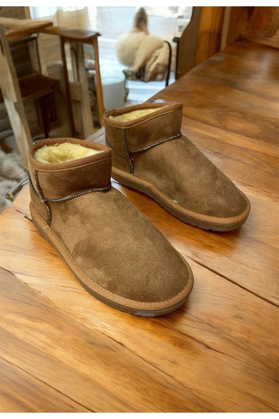 güneşayakkabı Kadın Süet İçi Kürklü İnce Taban Bilekte Kısa Ug Bot Taba