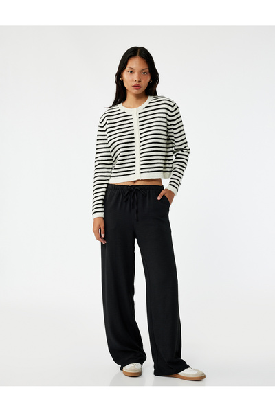 Koton Comfortable Fit Pocket Detail Belted Lace-Up Aerobin Fabric Wide Leg Pants