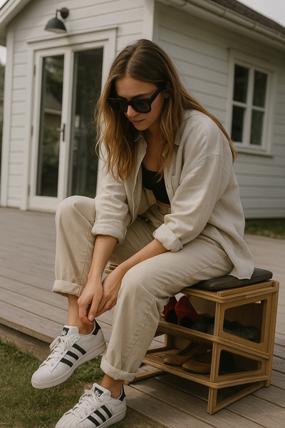 KUT TASARIM Masif Ahşap 2 Katlı Ayakkabılık ve Tabure 4 ayakkabılı