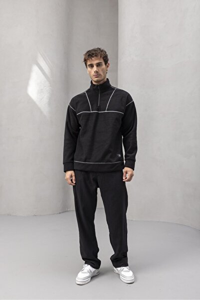 Valiberta Мъжка суитшърт Crowe Striped Oversized Half-Zip Polar - черна