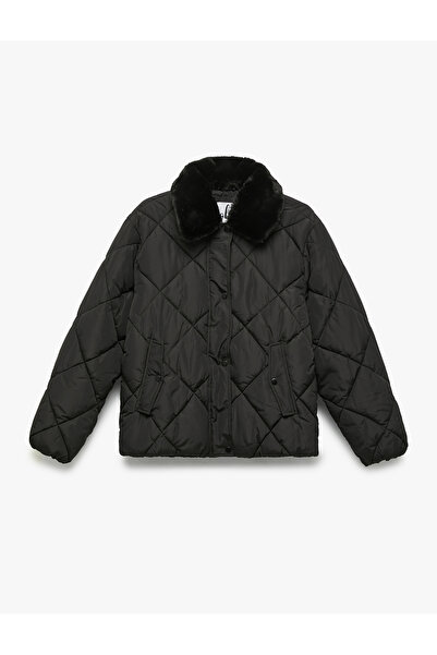 Koton Faux Fur Collar Long Sleeve Zipper Pocket Quilted Jacket