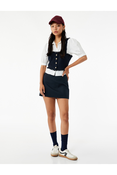 Koton Слим фит къса риза с балонни ръкави и копчета, яка с туитов текстура, к...