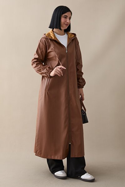 InStyle Kapüşonlu Uzun Deri Kap - Taba