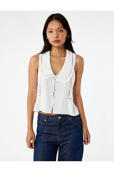 Koton Embroidery Detailed Buttoned Sleeveless Doll Collar Viscose Blouse