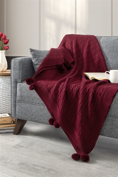 Sevim Бордовий трикотажний плед з помпонами - плед для дивана та плечей, колінний плед - 130x170 см