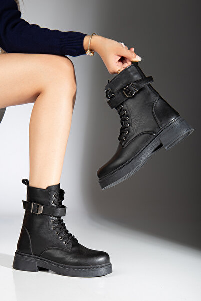 guijarro Bağcıklı Tokalı Bot Kadın | Günlük Kullanım | Kalın Taban Deri Görünümlü Combat Boot