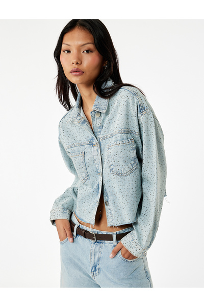 Koton Buttoned Classic Collar Stone Denim Jacket with Pocket Detail