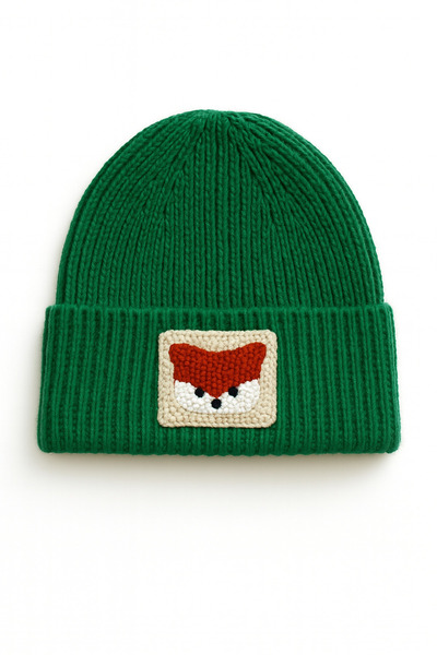 byebruketenci Green Wool - Children's Beanie with Fox Animal Figure and Punch...