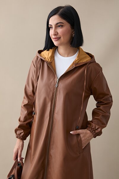 InStyle Kapüşonlu Uzun Deri Kap - Taba