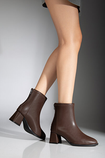 guijarro Deri Bootie Kadın | Kahverengi Kare Blok Topuk | Arkadan Fermuarlı | Şık Bilek Bot