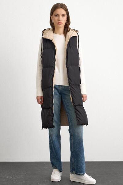 Olcay Hooded Zipper Closure Double Sided Inflatable Vest BLACK-STONE 8226