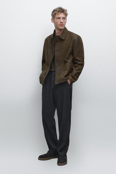 Massimo Dutti Distressed görünümlü %100 koyun derisi ceket
