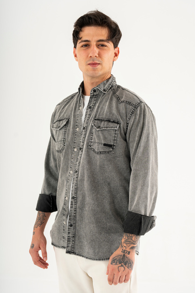 Souris Men's Smoked Slim Fit Slim Fit Washable Denim Shirt