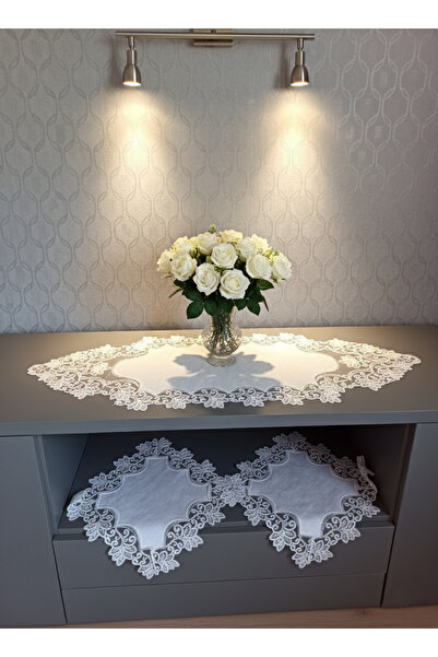 Valora Concept Fransız Dantelli Menekşe Model Keten Gardenya Lüks 3'lü Runner Salon Oda Sehpa Örtüsü