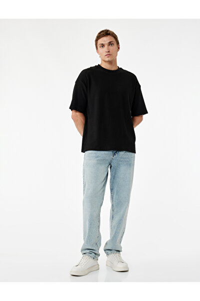 Koton Oversize Kısa Kollu Fitilli Tok Kumaş Bisiklet Yaka Pamuklu Tişört