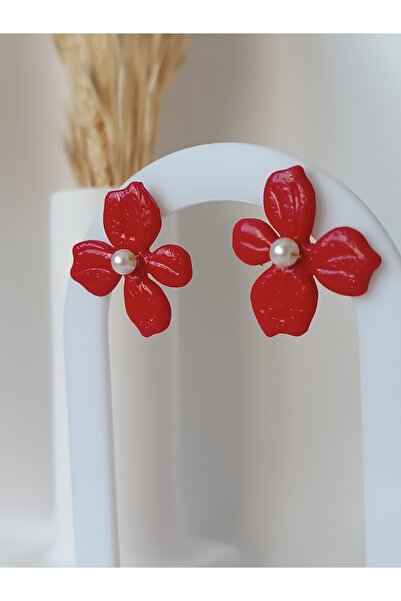 La fee aksesuar çelik küpe aparat - kırmızı çiçek inci detay özel tasarım polimer kil küpe