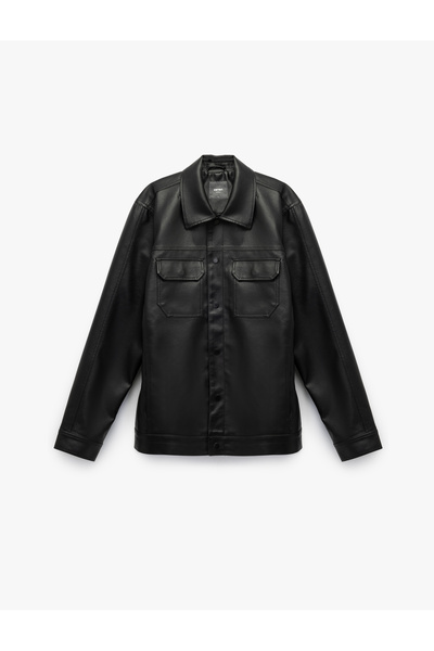 Koton Κλασικό μακρυμάνικο μπουφάν από συνθετικό δέρμα με λεπτή εφαρμογή, με λεπτομέρεια τσέπης στο κάλυμμα του γιακά