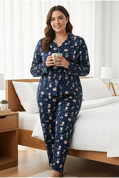 Siyah İnci Navy Blue Penguin Christmas Themed Large Size Oversized Buttoned Knitted Cotton Pajama Set7617