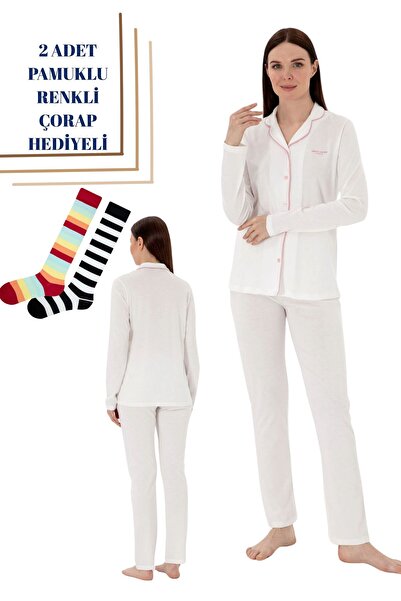 Pierre Cardin Kadın Gömlek Yaka Ekru Kutulu Pijama Takımı 2 Adet Çorap Hediyeli