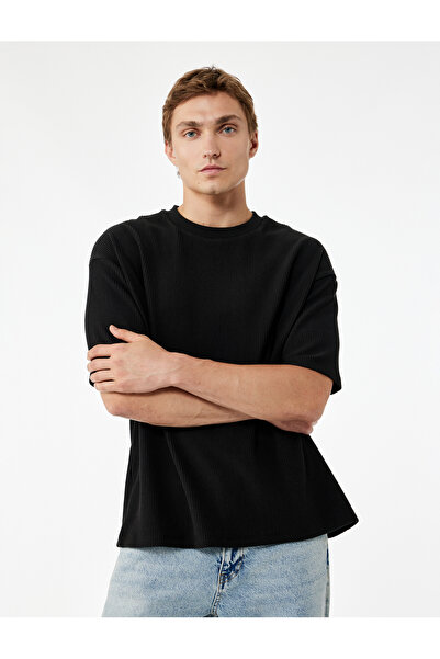 Koton Oversize Kısa Kollu Fitilli Tok Kumaş Bisiklet Yaka Pamuklu Tişört