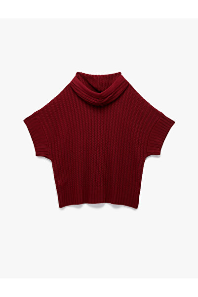 Koton Wide Short Sleeve Hooded Hair Braid Textured Knitwear Oversize Poncho