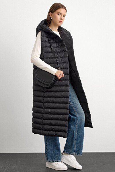 Olcay Hooded Button Closure Long Puffer Vest BLACK 8228