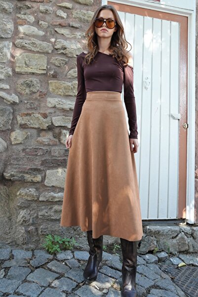 VAGGON Fusta midi lată croială pentru femei, din piele intoarsa, texturata, cu talie elastica Vs01214