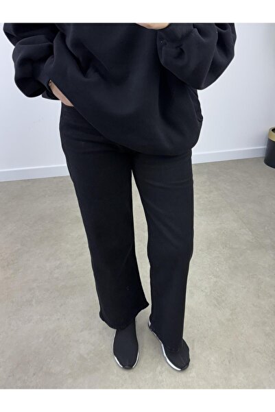 CHUL KADIN SİYAH BOL PAÇA KOT PANTOLON - JEAN - GENİŞ BEDEN ARALIĞI