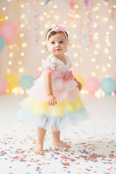 Ponpon Baby Kız bebek renkli katkat tüllü prenses elbisesi mevlüt elbisesi