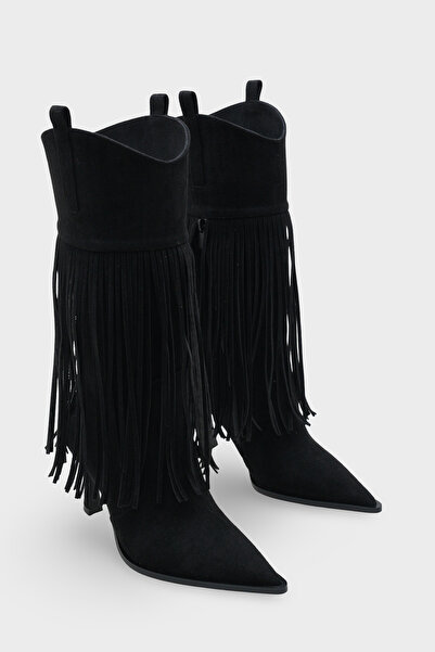 LOJO Női bojt részletesen kidolgozott sarkú, hegyes orrú cowboy alkalmi csizma, etersel fekete