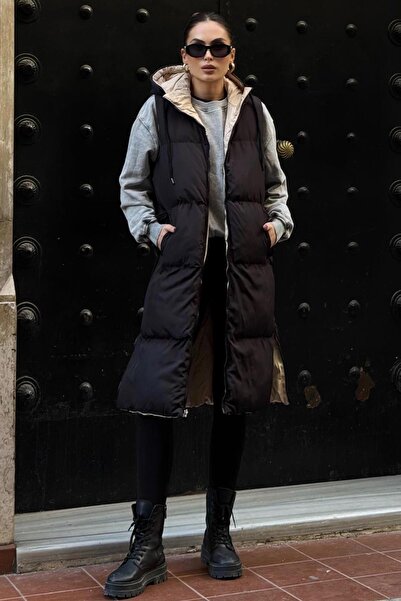 Olcay Hooded Zipper Closure Double Sided Inflatable Vest BLACK-STONE 8226