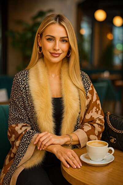 MARBERRY Patchwork Leopard Patterned Beige Women's Poncho