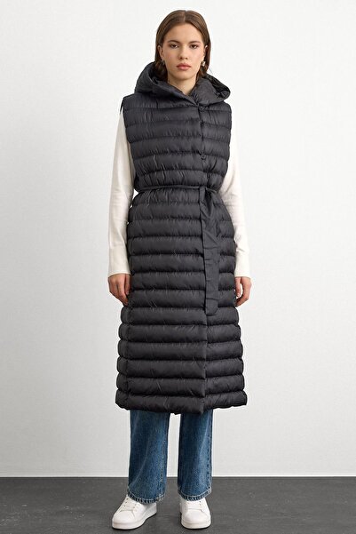 Olcay Hooded Button Closure Long Puffer Vest BLACK 8228