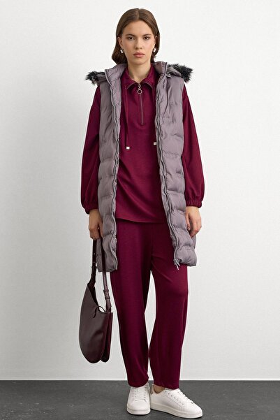 Olcay Removable Hooded Patterned Inflatable Vest Gray 8210