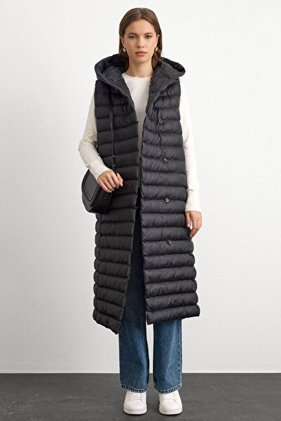 Olcay Hooded Button Closure Long Puffer Vest BLACK 8228