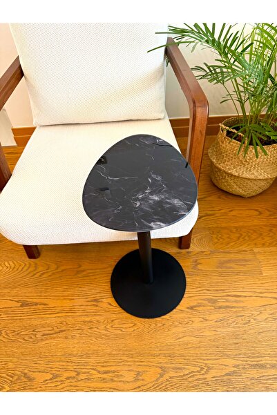 EFFE YAPI DEKOR Siyah Mermer Desenli Modern 40x30 CM Zigon Yan Sehpa 8 MM Temper Cam